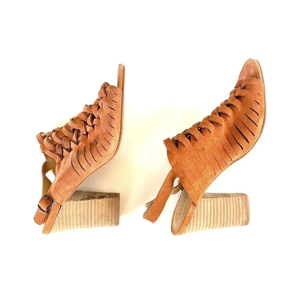 LUCKY BRAND Yvette Sandals Heels Rust Suede Woven Slingback Boho Western Sz 9